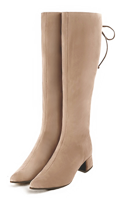 Tan beige women's knee-high boots, with laces at the back. Tapered toe. Low flare heels. Made to measure. Front view - Florence KOOIJMAN